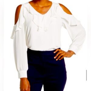 Off the shoulder ruffle long sleeve ivory blouse top